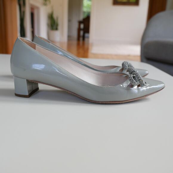 Prada Vintage Heels Pointed Toe Grey Patent Leather Kitten Heel Bow 37 or 7 - Picture 6 of 10
